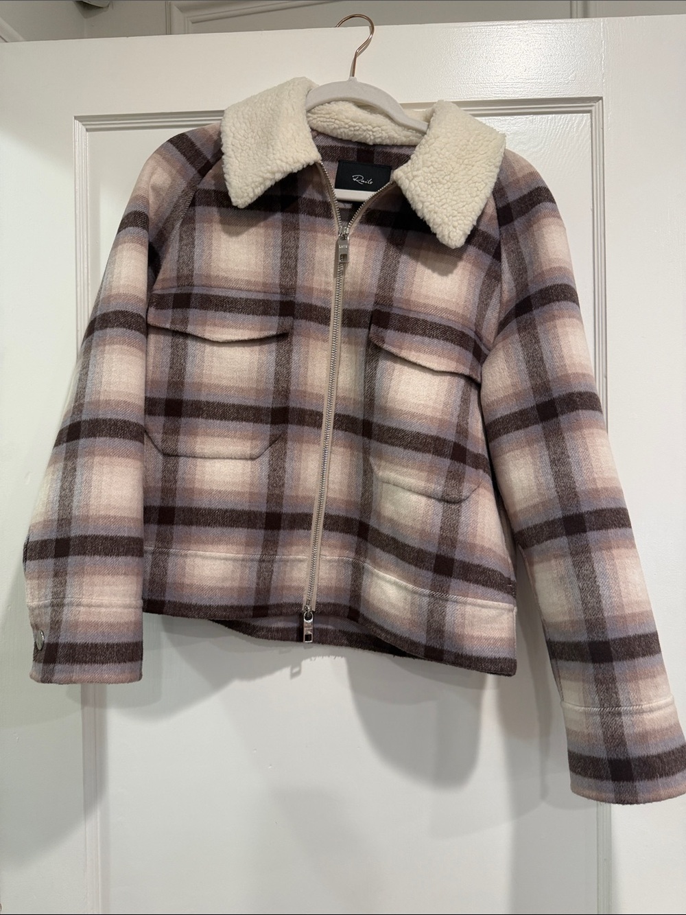 Rails Plaid Bomber Jacket with Sherpa Collar in Mauve and Cream